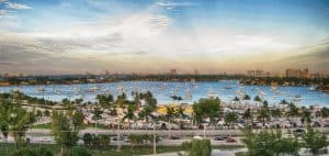 Romanian business Florida highway and the Miami bay with boats