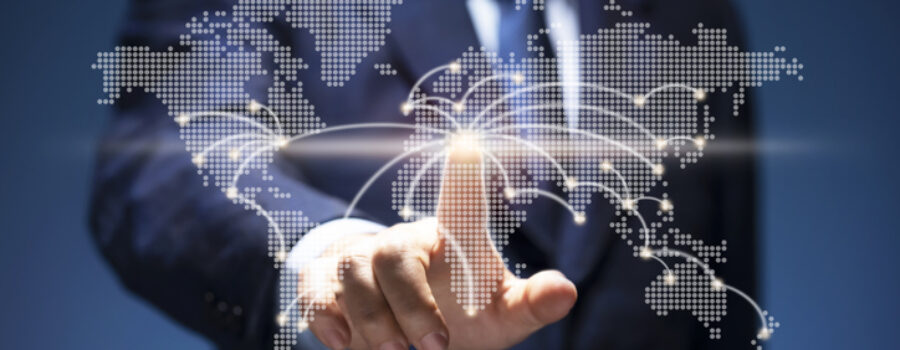 Businessman touch point of city connection line in world map. Man press button on virtual screen of planet earth show start up, business plan, communicate, technology, global network, internet concept international business L1 visa